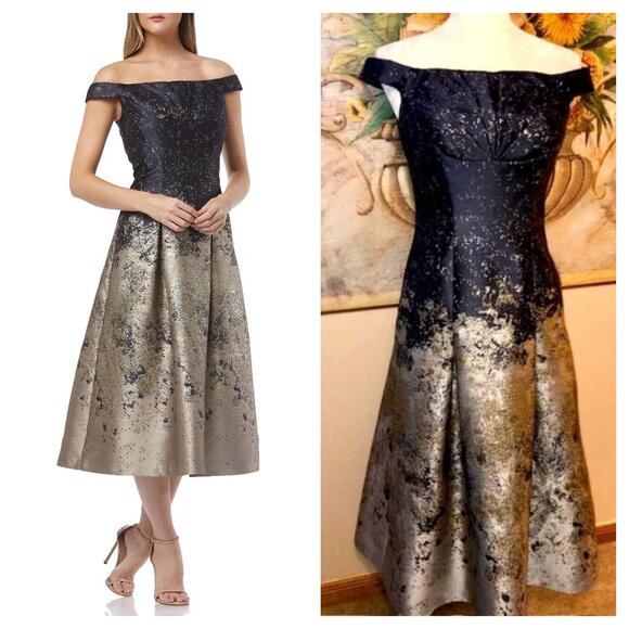 Sz 2 Kay Unger Carina Tea Length Formal Dress Navy Blue, Silver & Gold M… - Picture 1 of 16